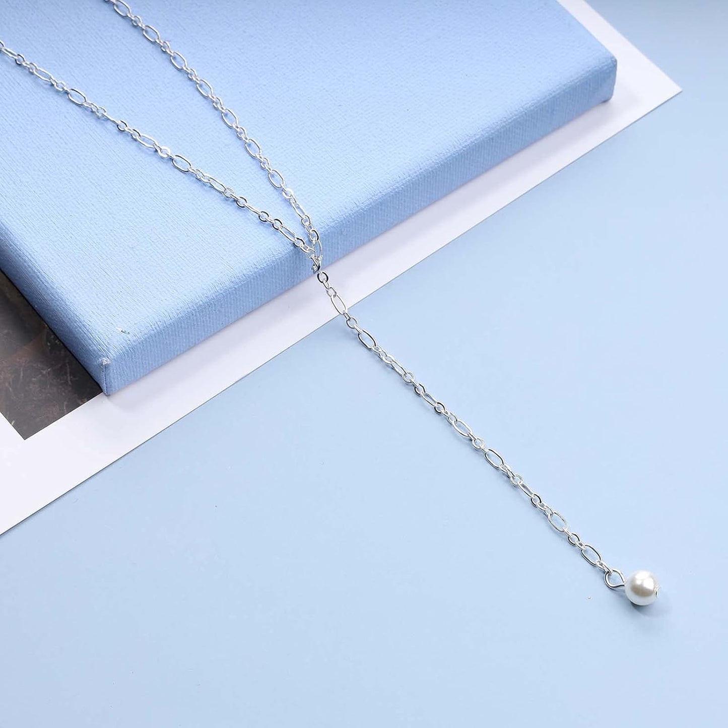 Boho Long Pearl Necklace Gold Lariat Y Necklace Choker Pearl Pendant Necklace Vintage Minimalist Necklace Chain Jewelry for Women and Girls