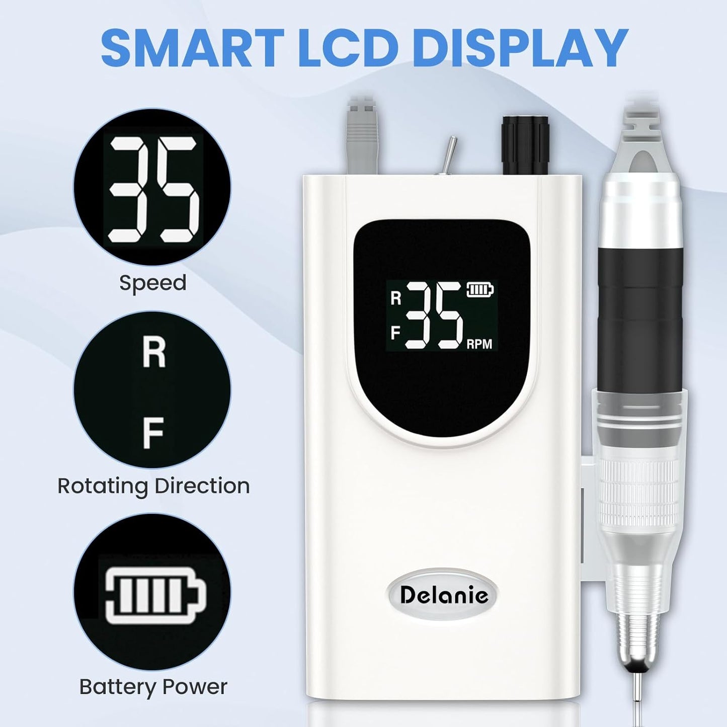 Delanie Professional Portable Electric Nail Drill Machine, 35000 RPM Rechargeable Cordless Nail Filer Electric Nail File Efle for Dip Powder Acrylic Gel Nail, Salon Nail Tool, White