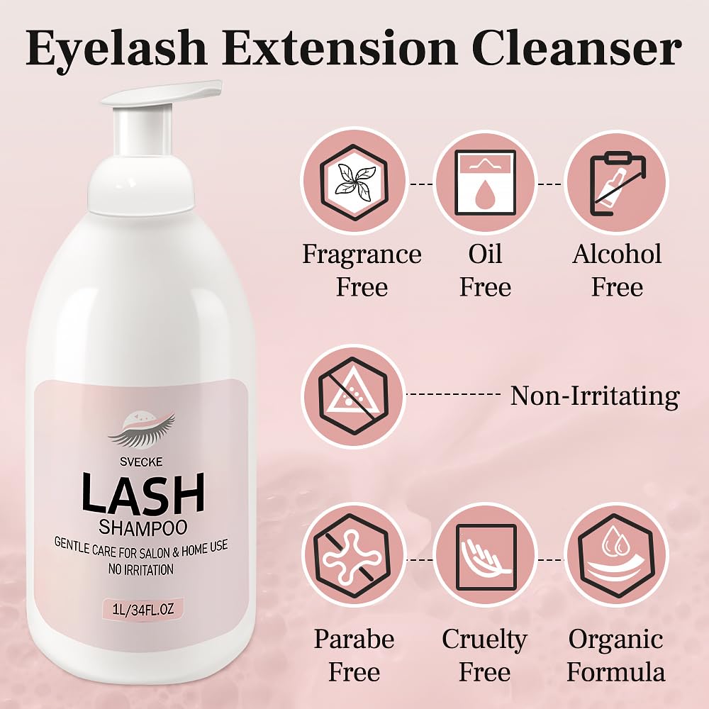 Lash Shampoo 34fl.oz/1L, Eyelash Shampoo for Lash Extension, Eyelash Extension Cleanser, Lash Eyelid Foam Cleaning Kit for Salon Use and Home Use