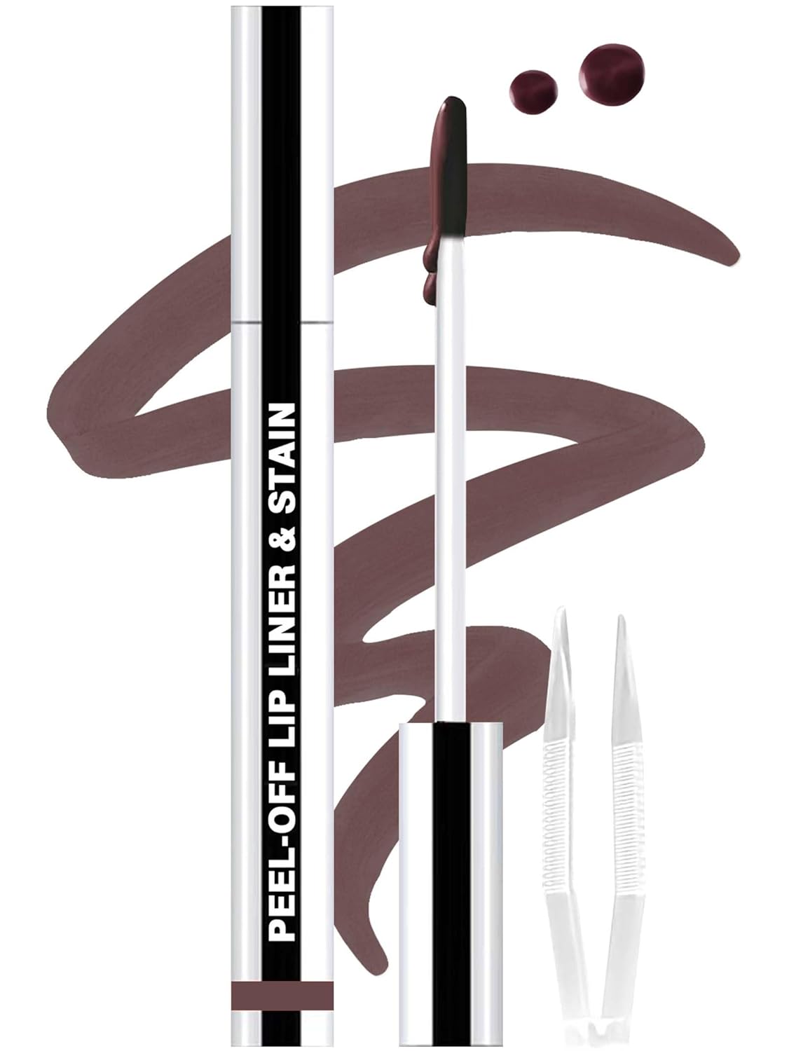 Lip Stain Peel Off Lip Liner Stain with Tweezer, Long Lasting Matte Lip Tint Tattoo, Highly Pigmented Color Lip Makeup, Waterproof Lipstick, Transfer-proof Lipstain for Women, Brown