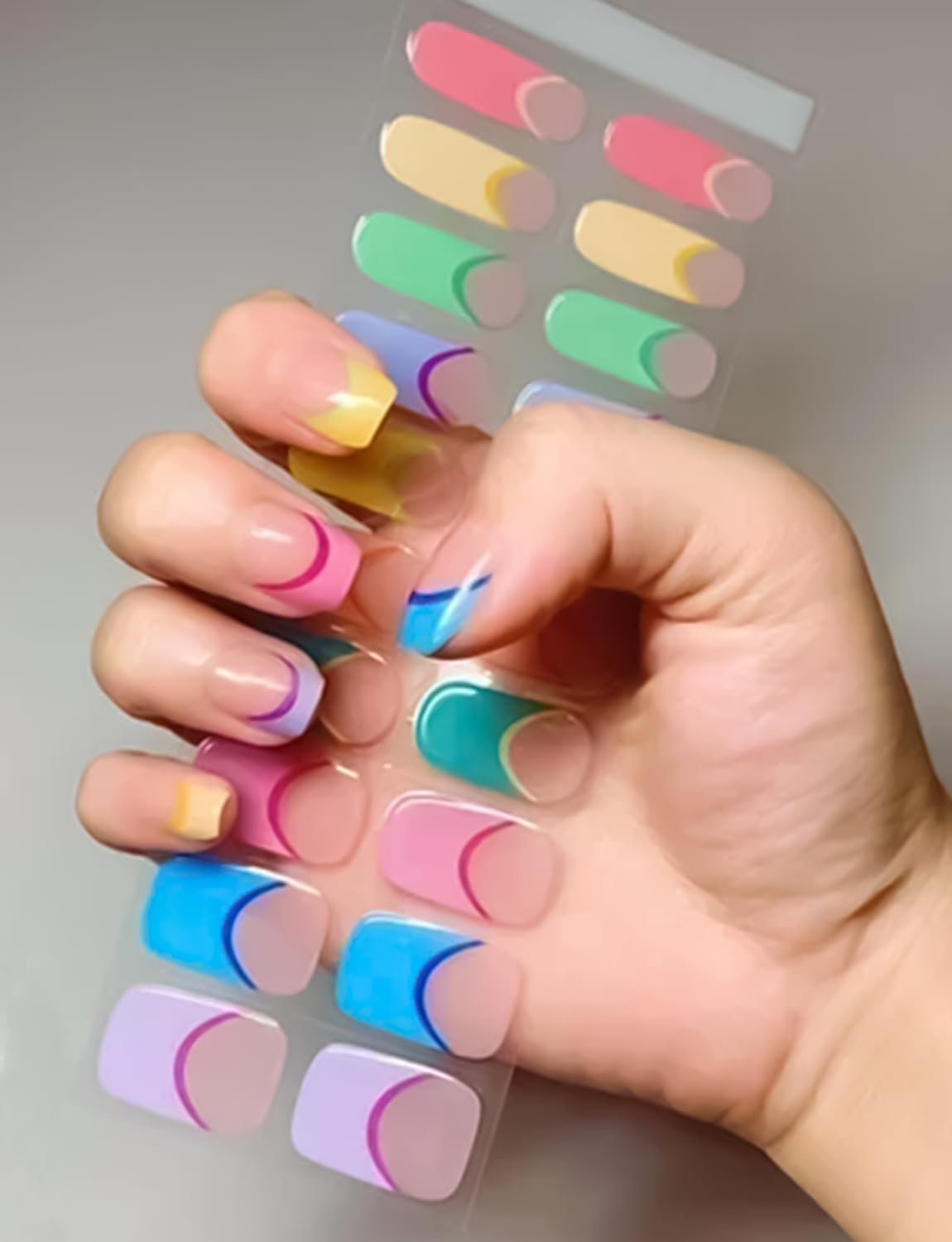 Semi Cured Gel Nail Strips, 20pcs Macaron French Gel Nail Stickers Work with UV, Easy to Use and Remove
