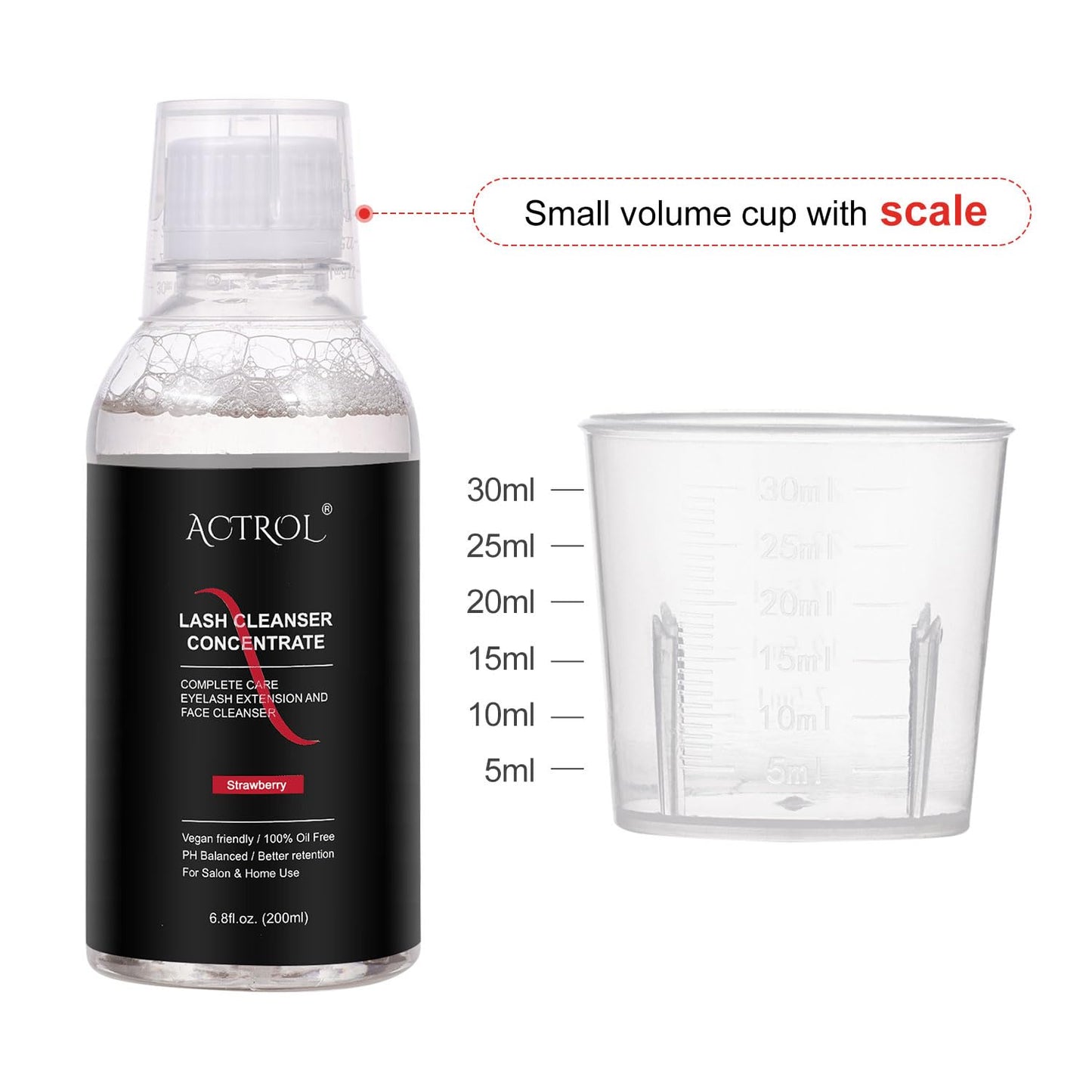 Eyelash Cleanser Concentrate 200ml Strawberry Professional Lash Shampoo Foaming Cleanser DIY Non-lrritating Wash for Extensions Lashes with Salon Home Care-Makes 40 Bottles