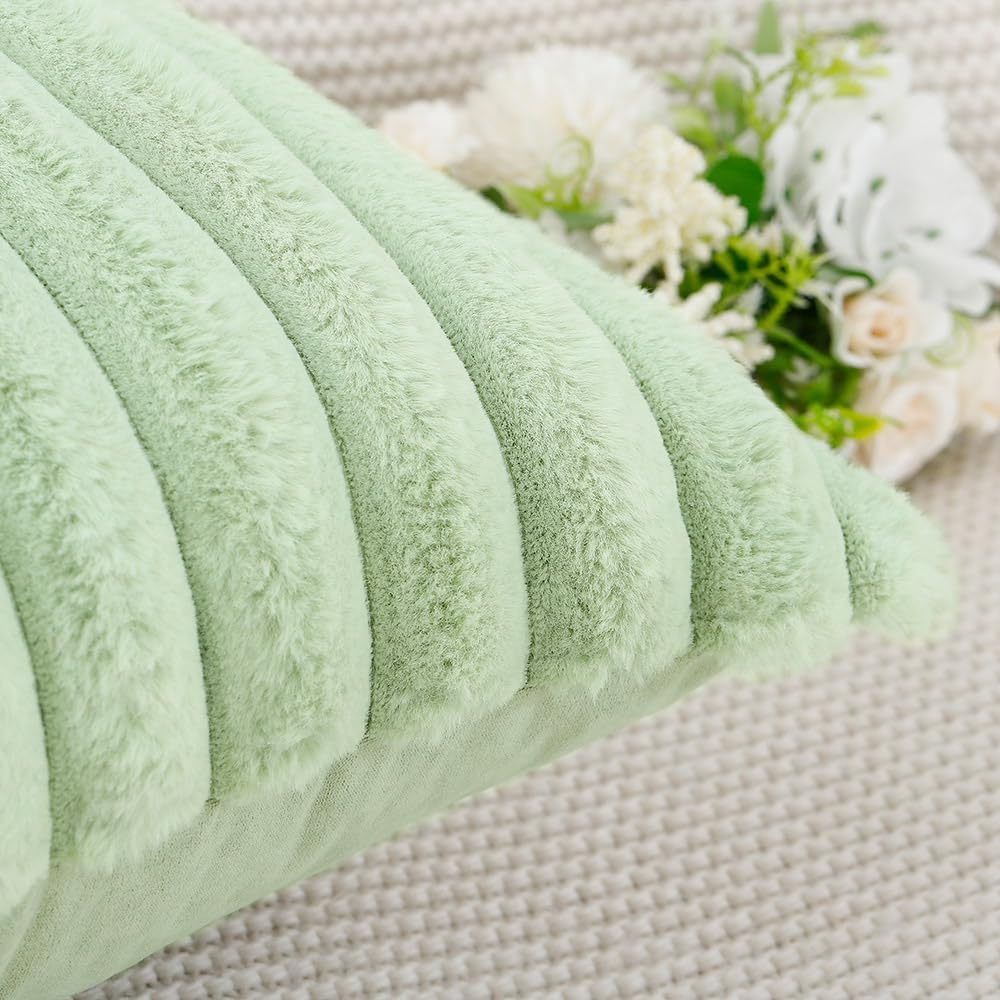 MADIZZ Set of 2 Faux Wool Plush Decorative Throw Pillow Covers 12x20 Inch Light Green Fluffy Striped Soft Decorative Cushion Cover for Sofa Bedroom Pillow Shell