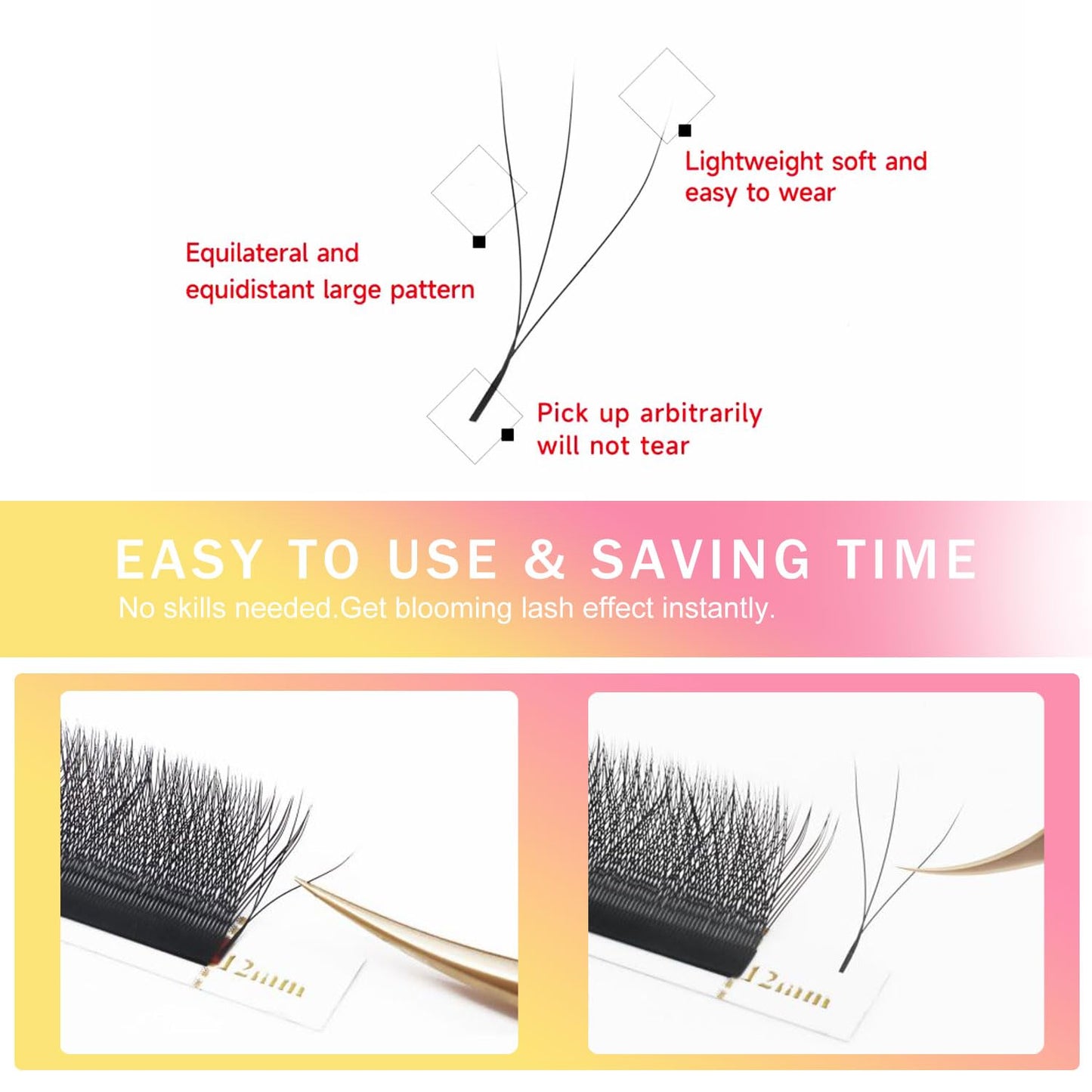 W Lash Extensions Supplies 3D Eyelash Extensions W Shape 0.07mm Thickness D Curl 11mm Premade Fans Easy Fan Lashes Volume Matte Black 12 Rows Crisscross Eye Lashes(W-3D-0.07-D,11mm)