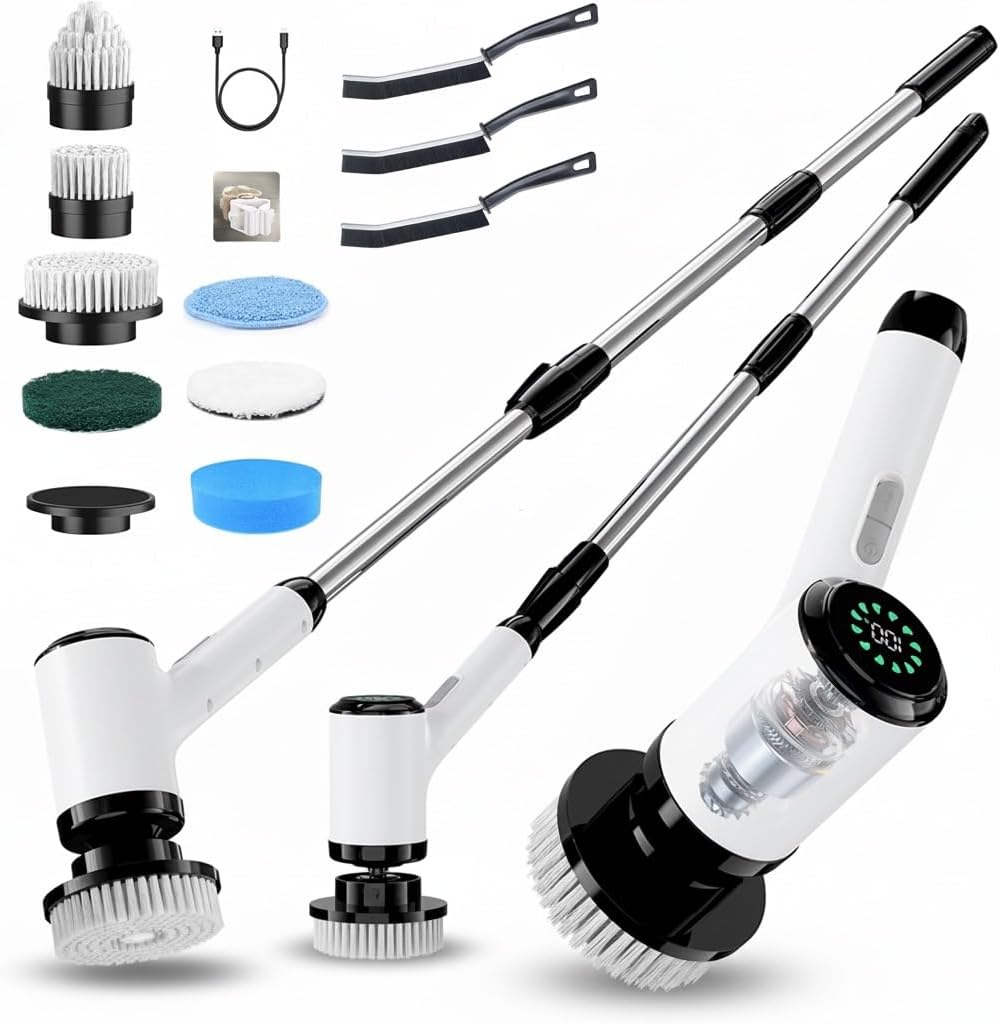 Electric Spin Scrubber for Cleaning-2 Adjustable Speeds,8 Cleaning Brushes,Cordless Cleaning Tools, Shower Scrubber with Long Handle,Power Scrubbers for Cleaning Bathroom, Tile Tub