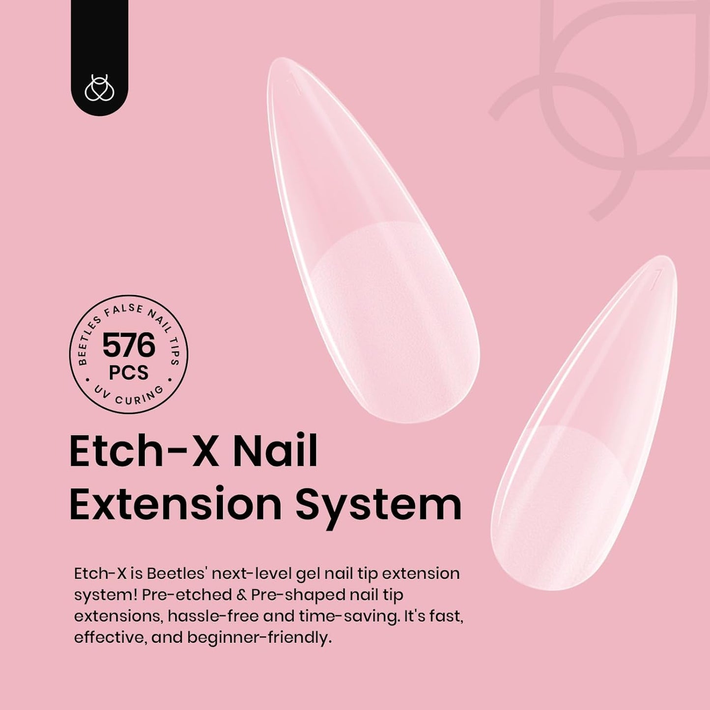 Beetles Gel Nail Tips Etch-X, Stiletto Medium, 576Pcs 12 Sizes, Pre-Etched Half Matte Full Cover Soft Acrylic Fall Halloween False Nail Tips Easy DIY Press On Nail Extensions Salon Gift for Women