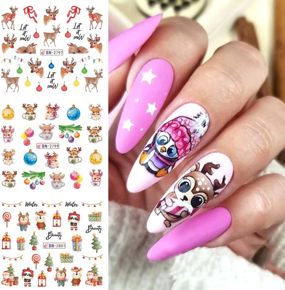Christmas Nail Art Stickers Decals Snowflake Water Transfer Slider Nail Foils for Christmas Nail Art Supplies Cartoon Santa Claus Elk Gift Polar Bear Winter Design DIY Manicure Tips Stickers for Nails