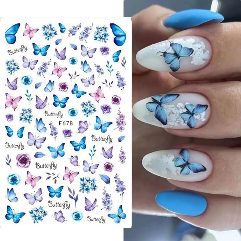 Butterfly Nail Art Stickers Decals 3D Butterfly Self Adhesive Nail Design Stickers Pink Blue Purple Butterflies Leaf Nail Decals for Women Girls DIY Butterfly Nail Stickers Decoration Supply 6 Sheets