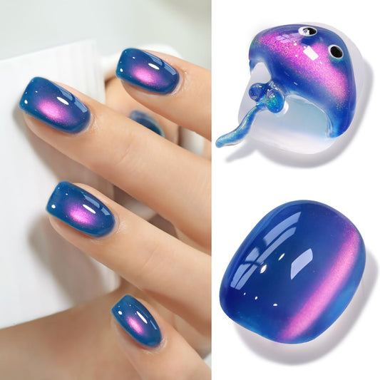Double Rhythm Jelly Glass Cat Eye Gel Polish with Magnet 15ML Holographic Glitter Shimmer Translucent Sheer Color Magnetic Nail Polish Salon DIY at Home (Navy Blue-MC1264)
