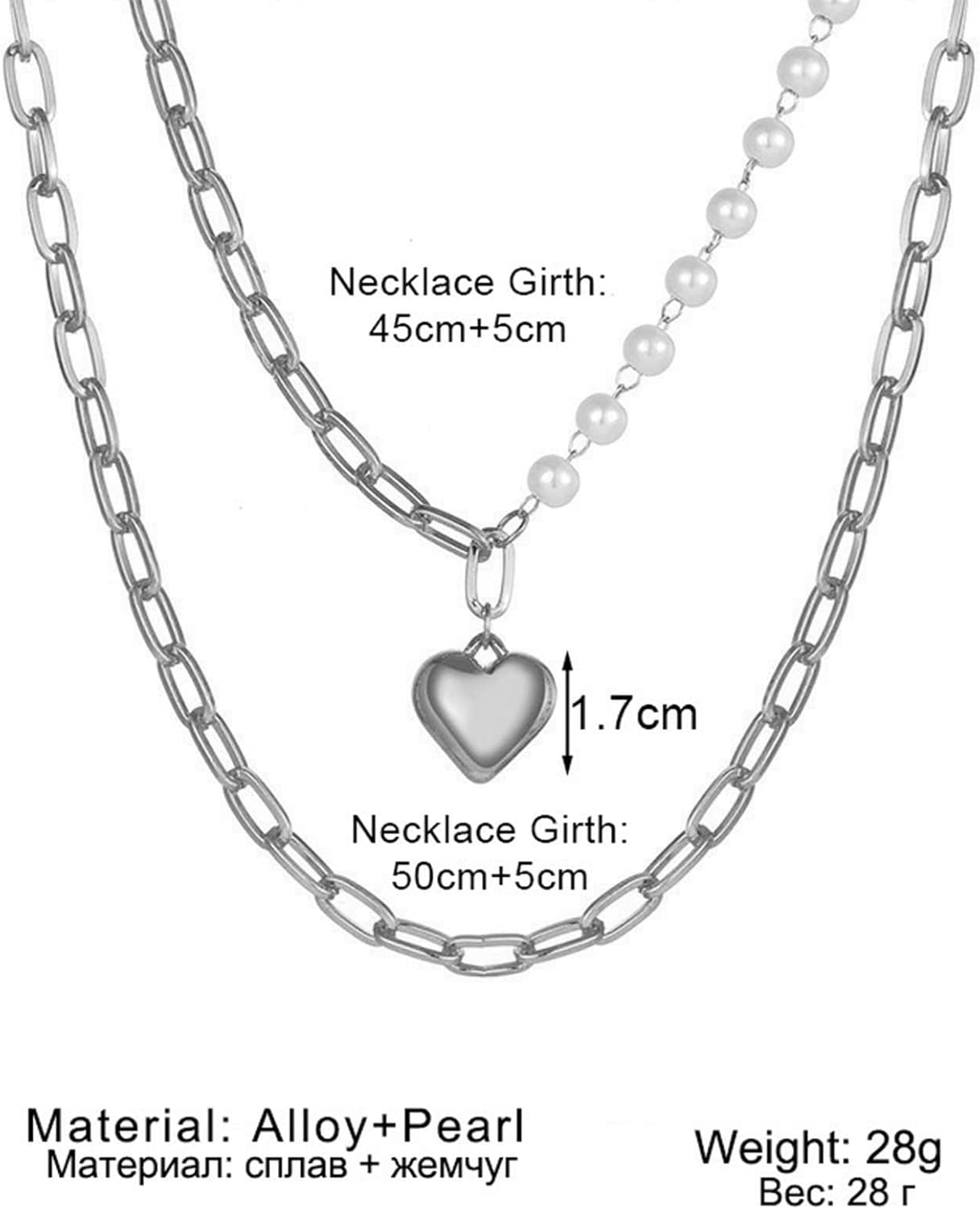 Boho Layered Pearl Choker Necklace Chain Vintage Gold Heart Pendant Cuban Chain Necklace Rock Statement Pearl Heart Necklace Asymmetrical Pearl Strand Necklace Jewelry for Women and Girls