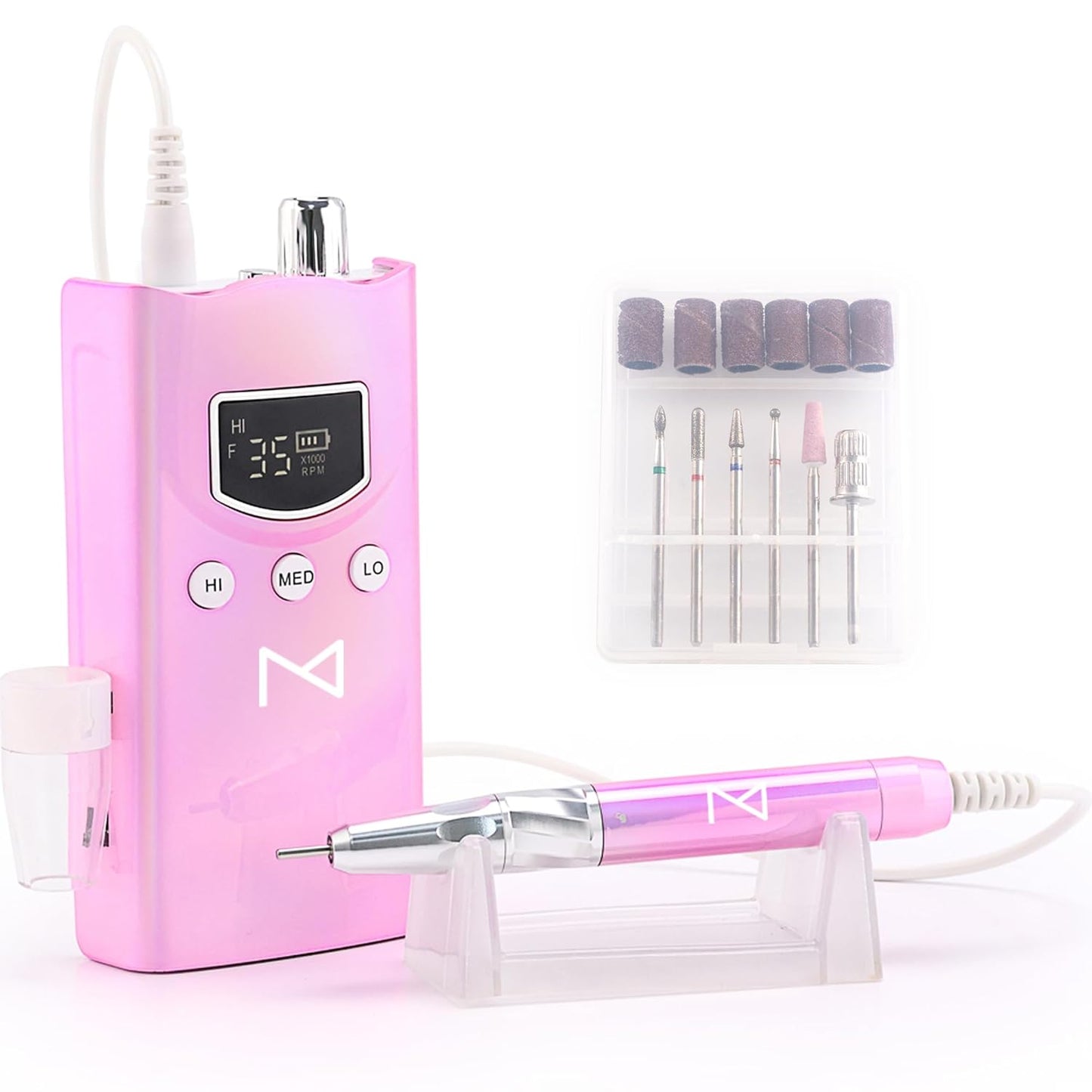 M GEM Brushless Nail Drill 35K RPM | Professional Cordless Efile Machine | Rechargeable Electric Nail File with Bits | Portable Quiet Low Vibration Tool for Acrylic, Gel, Natural Nails (Pink)