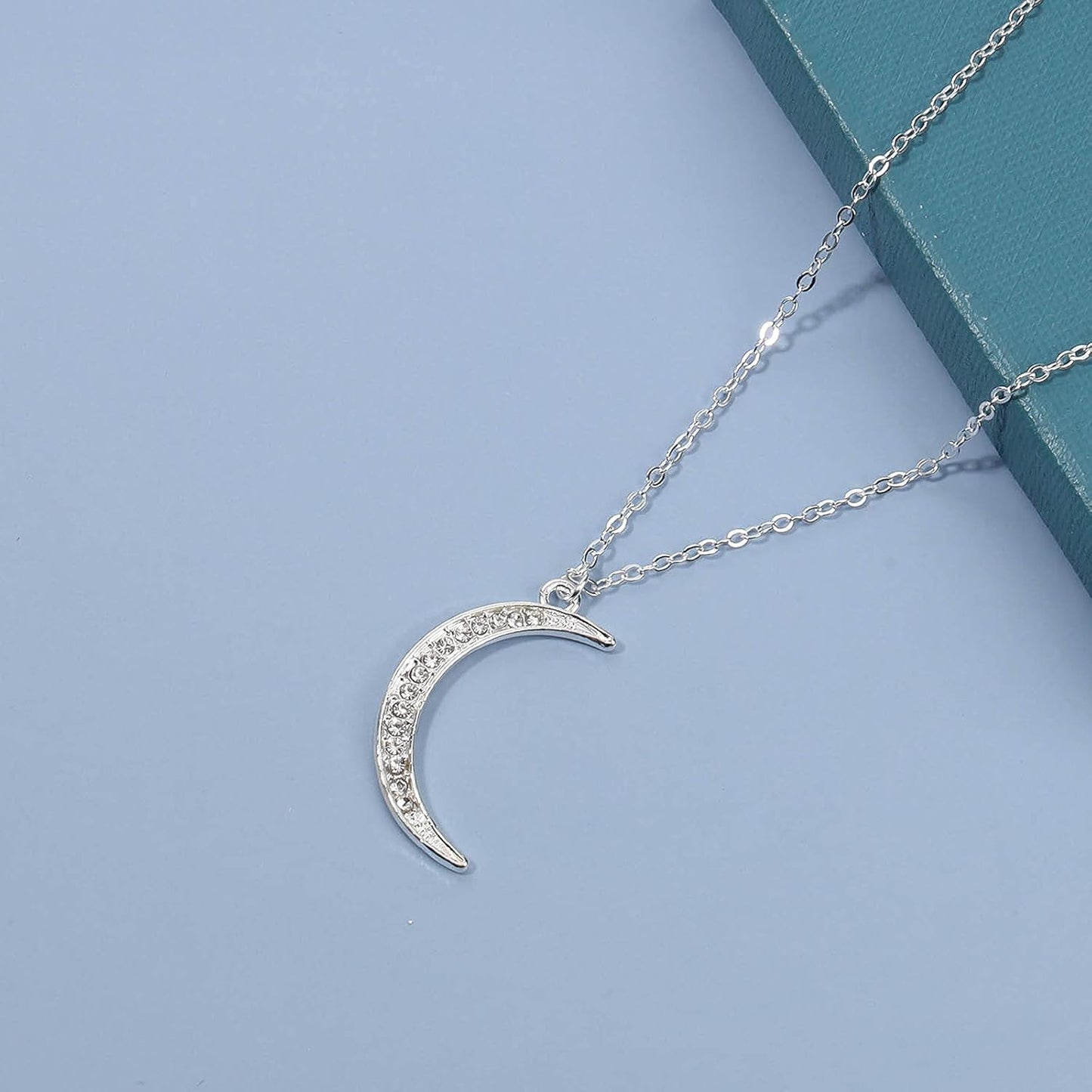 Boho Rhinestone Moon Necklace CZ Crescent Pendant Necklace Chain Minimalist Necklace Festival Jewelry for Women and Teen Girls