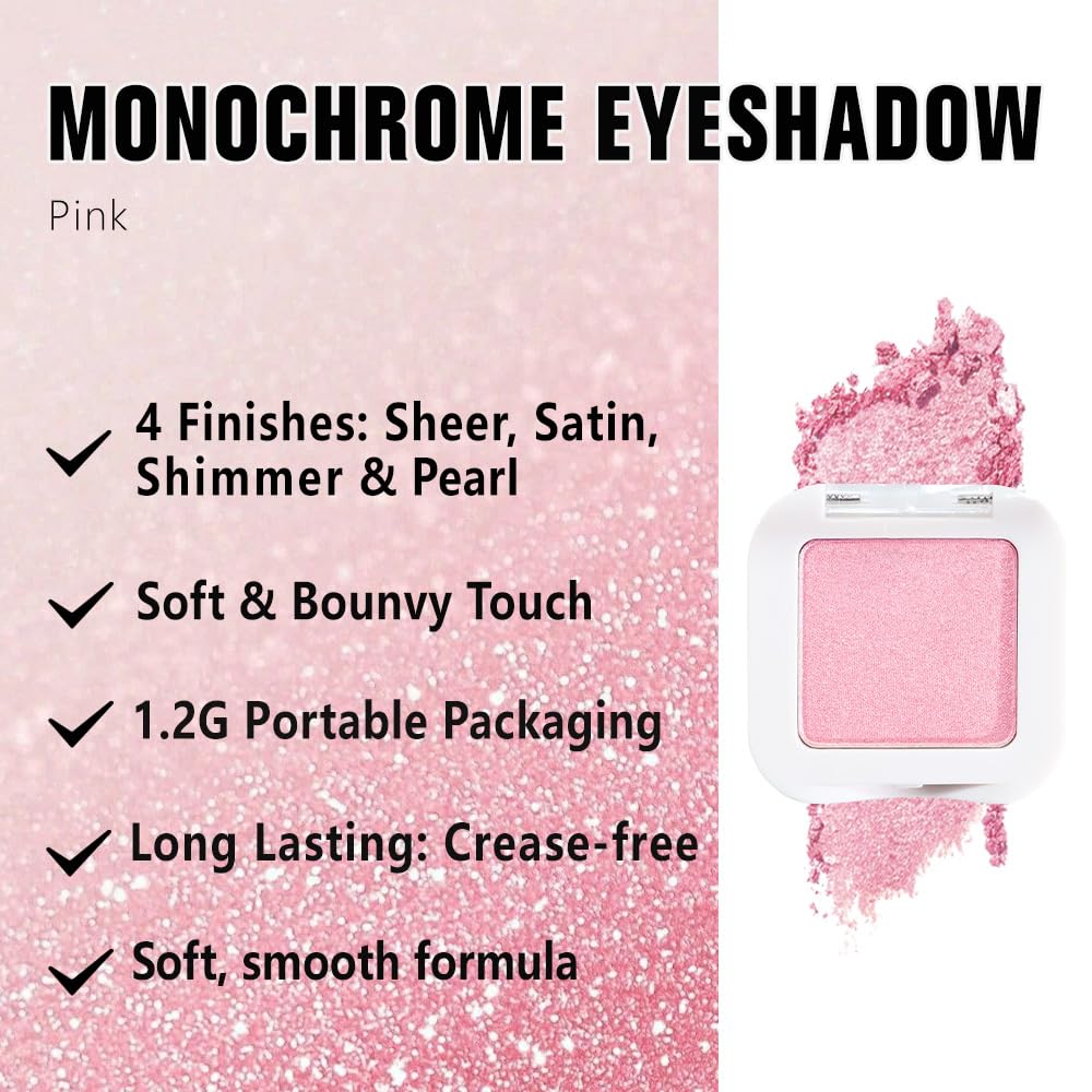 evpct Pink Single Eyeshadow Palette, Bright Light Pink Rose Glitter Shimmer Sparkle Cream Eye Shadow Palette Makeup for Older Women, High Pigment Waterproof Monochrome Mini Eyeshadow Makeup Products
