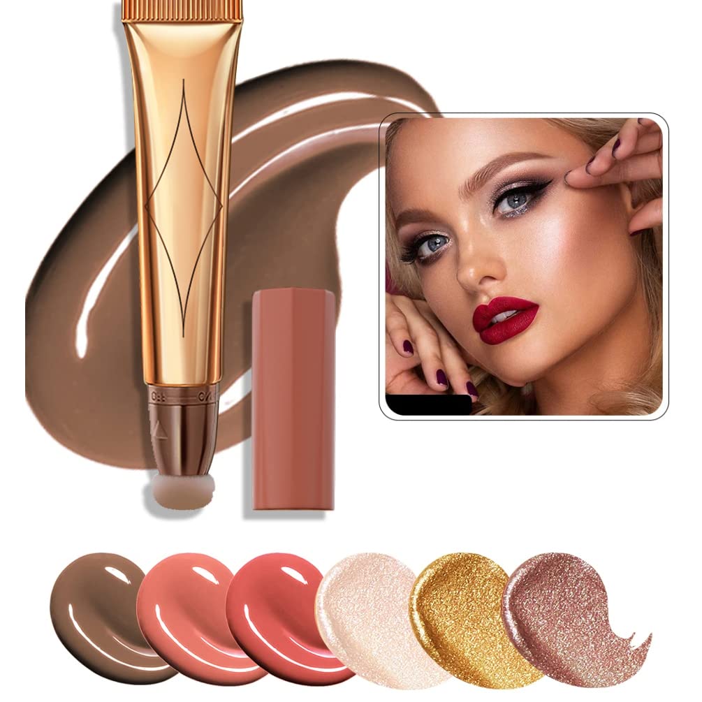 3 Color Contour Beauty Wand, Highlighter ，Face Concealer Contouring with Cushion Applicator Long Lasting & Smooth Matte Finish Liquid Illuminator Makeup Stick .(01 Contour+03 Cherry Red +05 Bronze Gold)