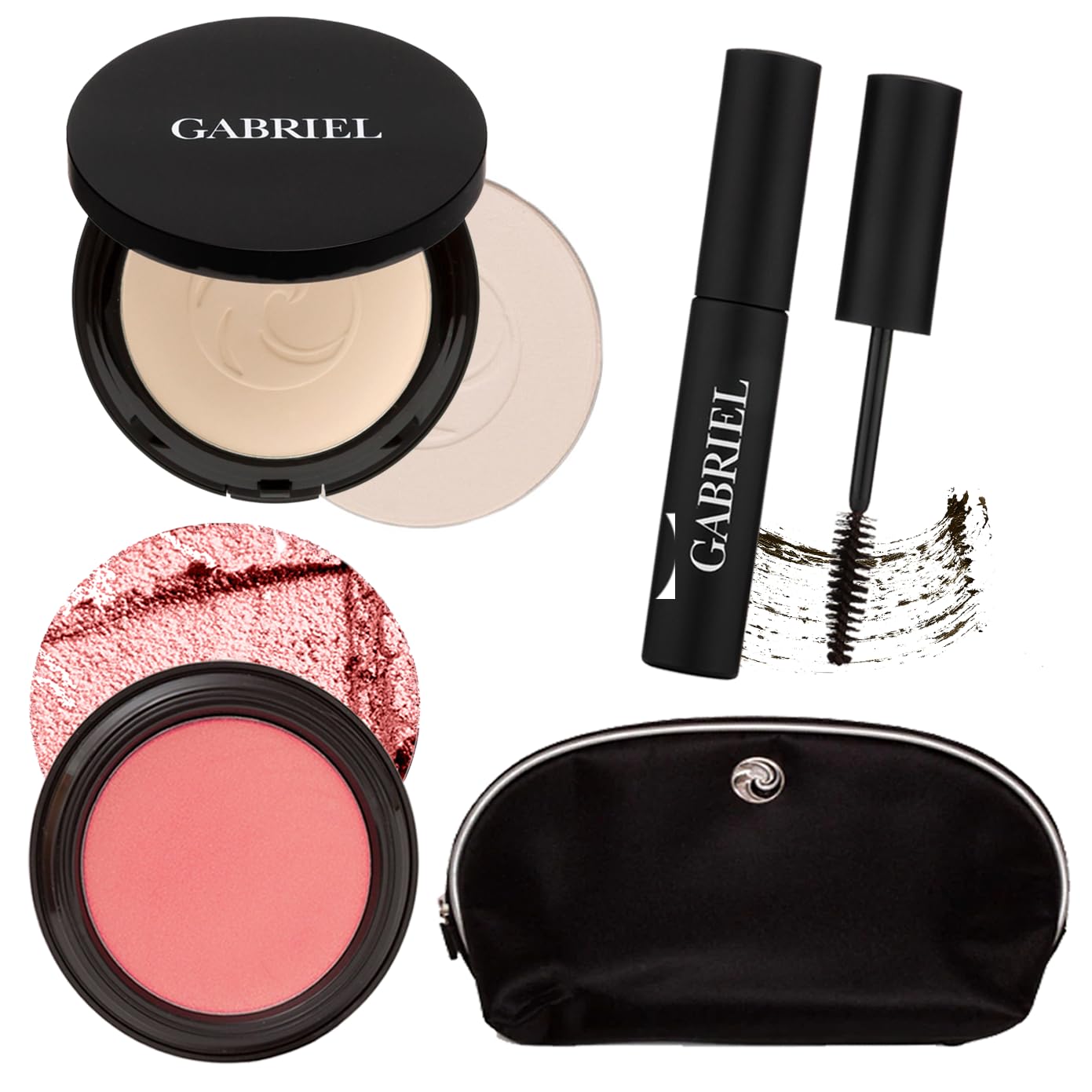 Gabriel Cosmetics About Face Set- Dual Powder Foundation (Extra Light Beige), Multi Pot (Conch), Mascara (Black Brown) and Gabriel Makeup Bag (Extra Light Beige SET)