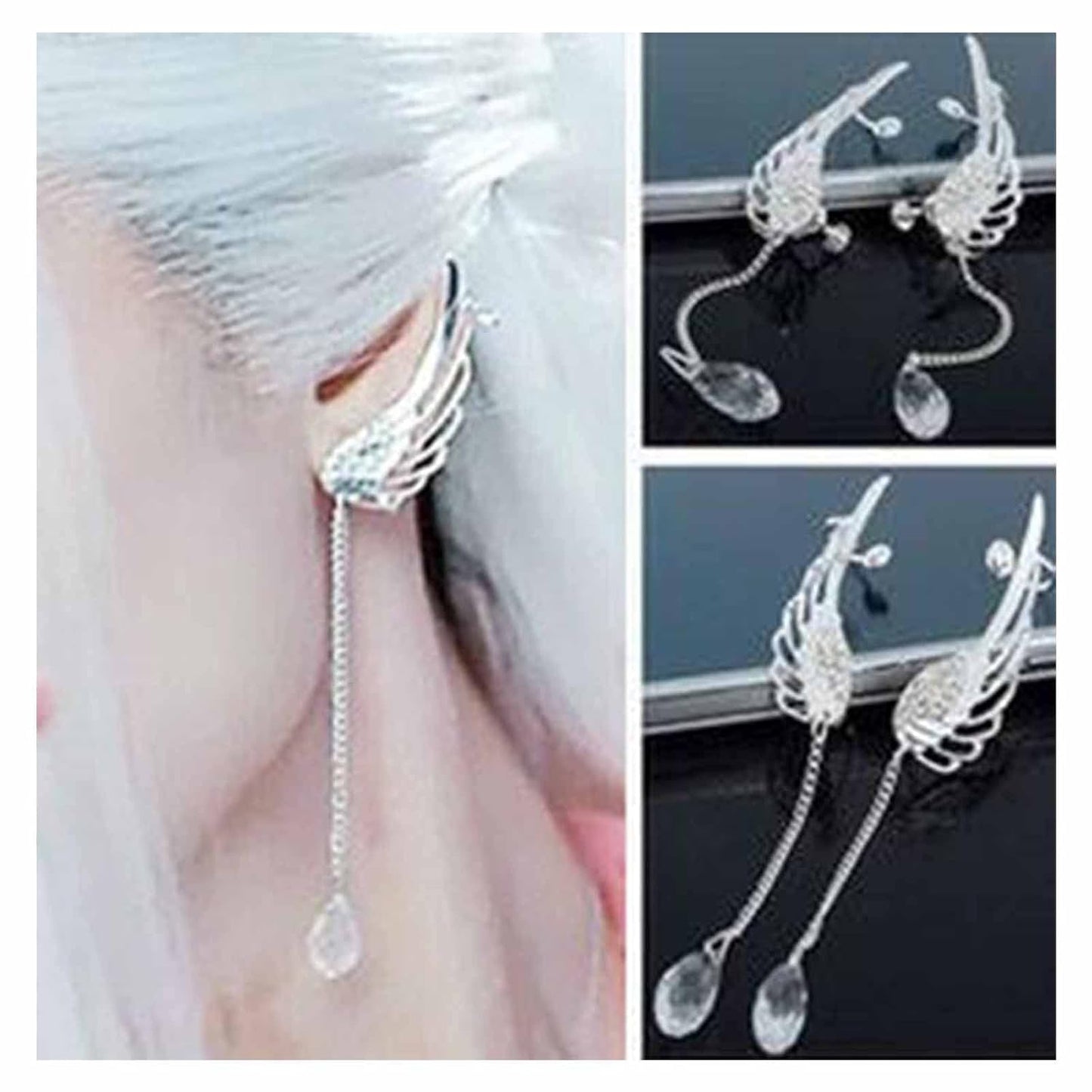 Boho Rhinestone Wing Ear Climbers Earrings Silver Crystal Drop Earring Chain Dangle Earrings Angel Wing Wrap Earrings Jewelry for Women and Girls Gifts