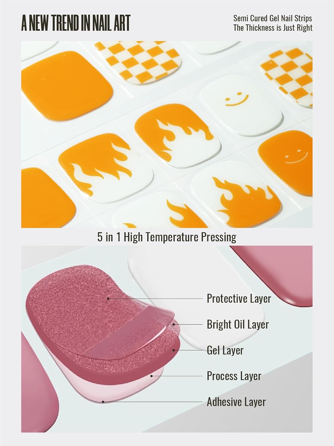 Semi Cured Gel Nail Strips, 30pcs Gel Nail Wraps, 2 Weeks Long Lasting Ice Age, Smile Bomb