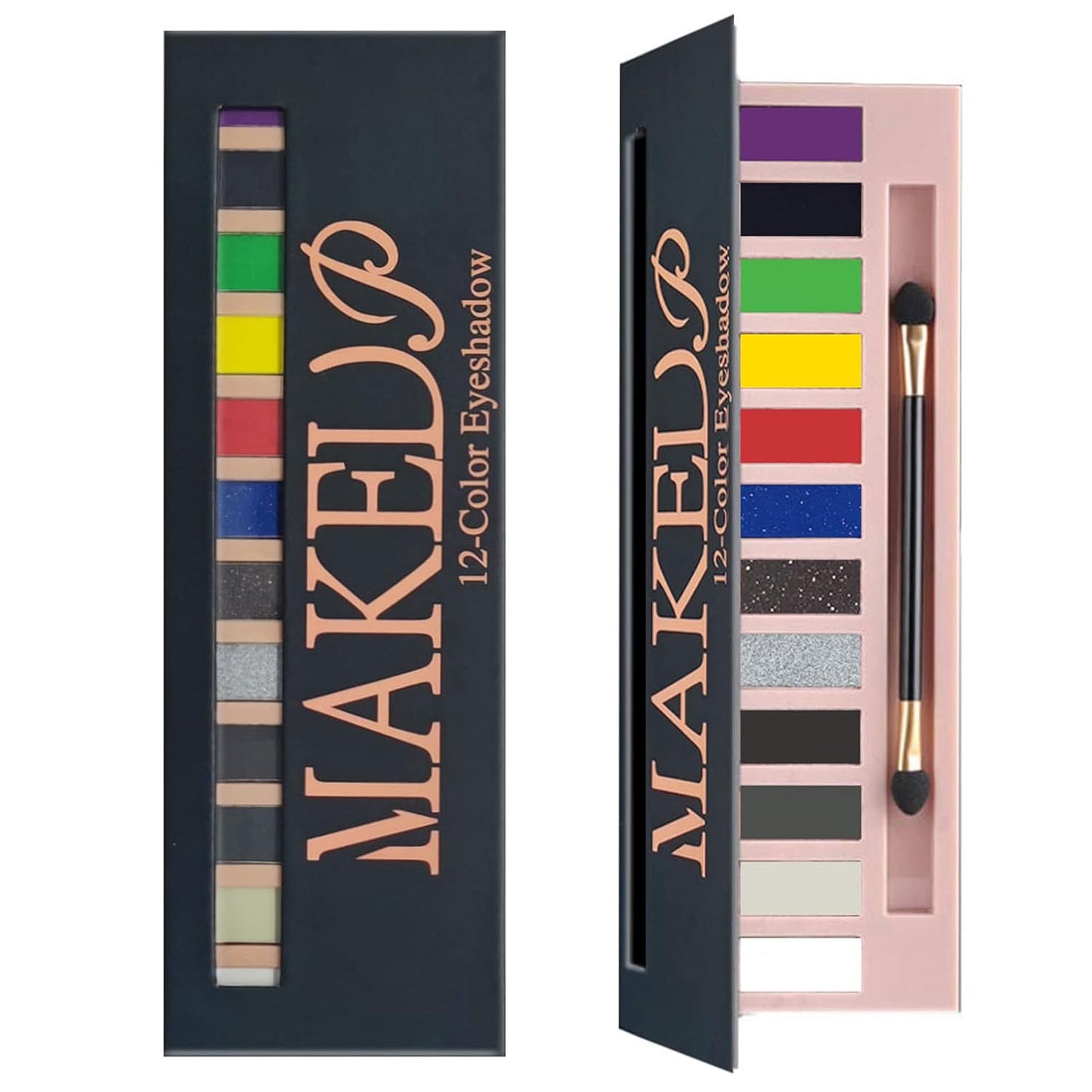 All in One Makeup Kit For Girls 12 Colors Black Smokey Gray Silver Glitter Shimmer Eyeshadow Palette, Foundation Face Primer, Makeup Brush, Makeup Sponge, Eyebrow Soap Kit, Lipstick Set, Winged Eyeliner Stamp (SetD)