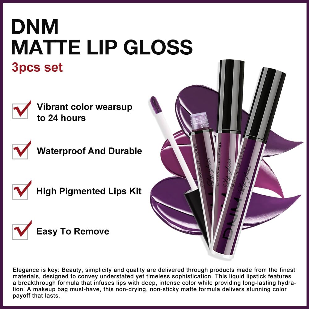evpct 3Pcs Dark Purple Mauve Plum Maroon Matte Liquid Lipstick Lip Stain Sets for Women Matte+Lipstick Long Lasting Permanent 24 hr Hours Magic Lipstick 24 Hours original Waterproof 22#