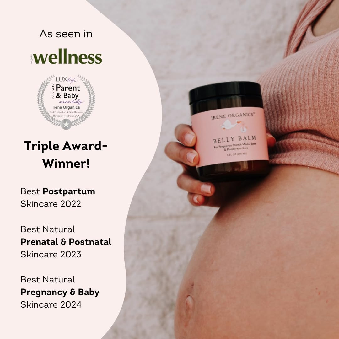 Organic Belly Butter for Pregnancy Stretch Mark Prevention and Treatment by Irene Organics - Award Winning Anti Stretch Mark Tummy Balm For Pregnancy and Postpartum 4oz - Hydrating Bump Cream