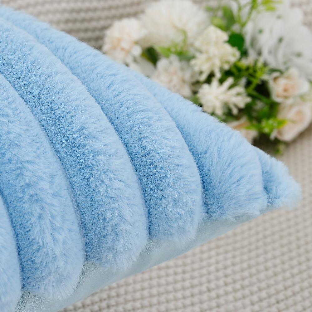 MADIZZ Set of 2 Faux Wool Plush Decorative Throw Pillow Covers 22x22 Inch Light Blue Fluffy Striped Soft Decorative Cushion Cover for Sofa Bedroom Pillow Shell