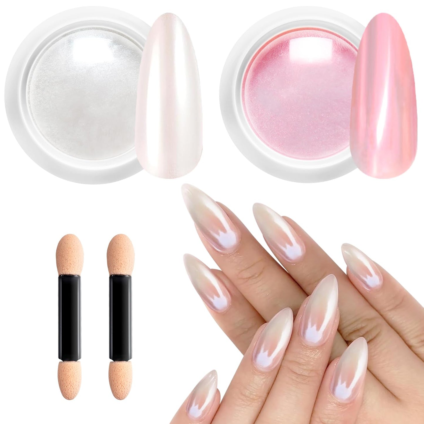 Pearl Chrome Nail Powder BISHENGYF -【Fairy Effect】 Pink Chrome Nail Powder White Pearlesent Aurora Mermaid Iridescent Nail Chrome Powder, Metallic Mirror Glitter Pigment Dust for Nail Art DIY 2PCS