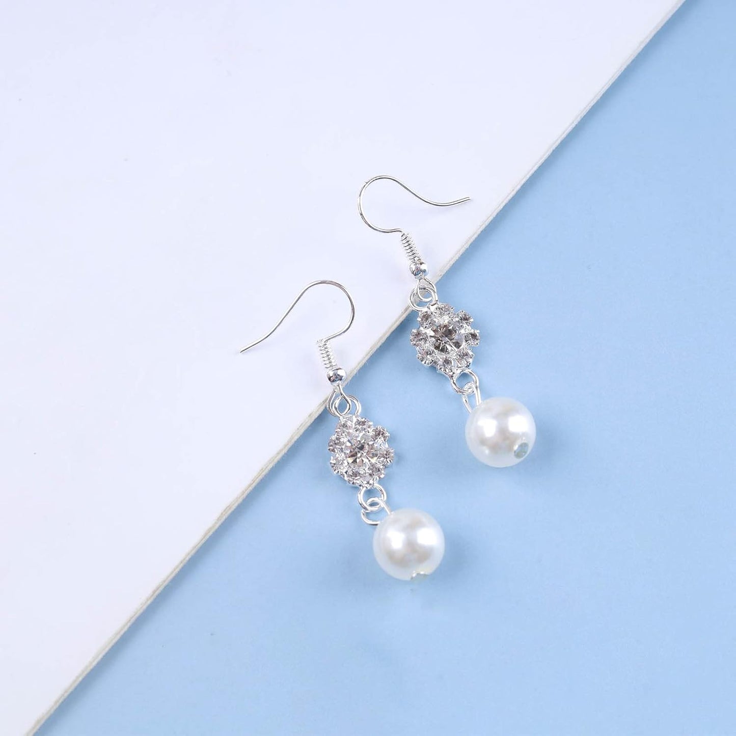 Vintage Rhinestone Pearl Drop Earrings Crystal Flower Dangle Earrings Silver Pearl Earring Cz Flower Hook Earrings Jewelry for Women