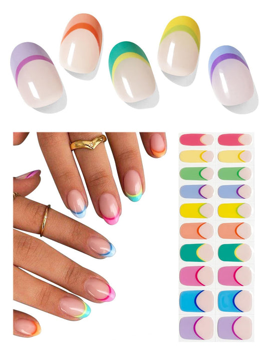 Semi Cured Gel Nail Strips, 20pcs Macaron French Gel Nail Stickers Work with UV, Easy to Use and Remove