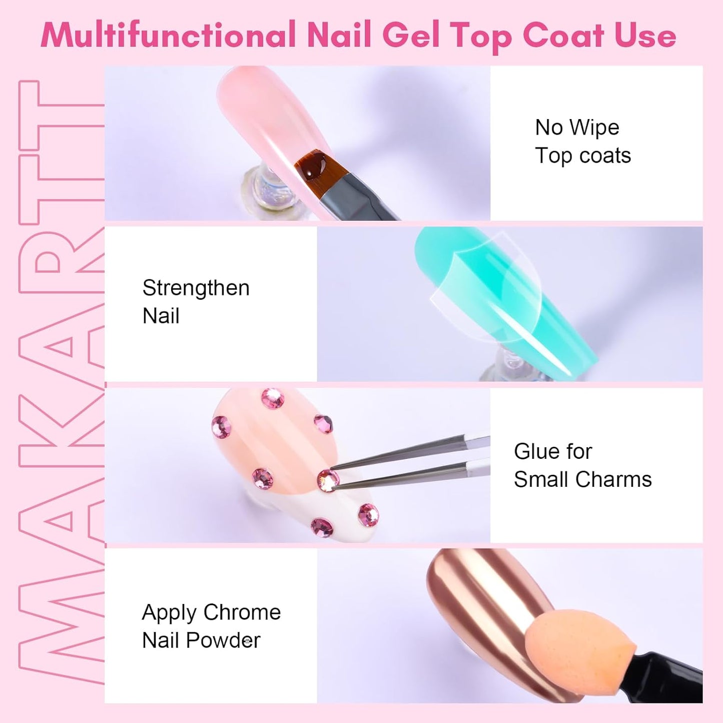 Makartt Hard Gel Top Coat: 3-in-1 Nail Polish Soak-off UV Gel Glossy Finish Long Lasting for Nail Strengthen Nail Charms Rhinestone for Home Salon Manicure Use