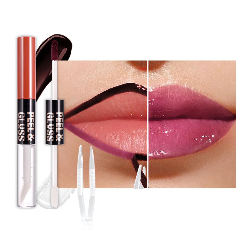 Dark Raspberry Lip Stain Peel Off Lip liner and Lip oil with Tweezer, Dual-Ended Peel Off Lip Stain Tattoo, Highly Pigmented Long Lasting Waterproof, Transfer-proof for All Skin Types, 05#