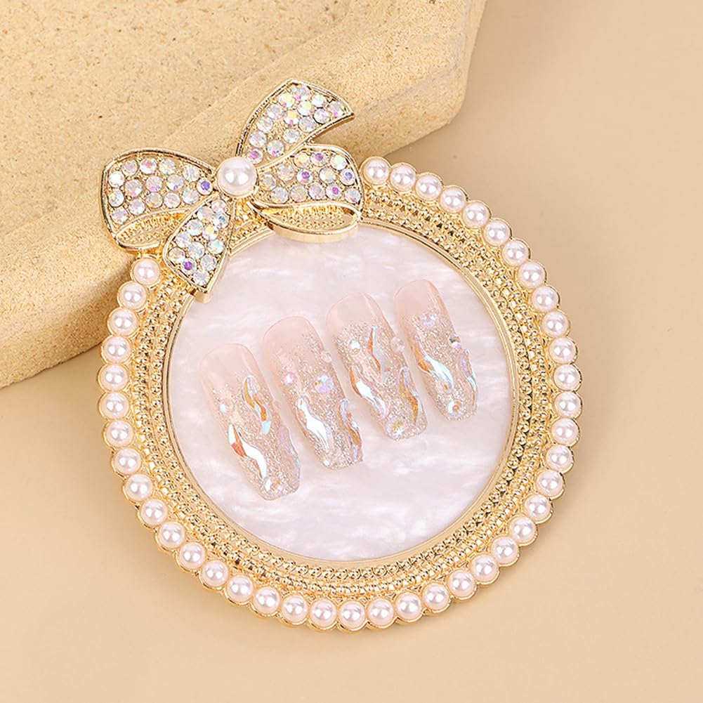 2 Pack Bow with Rhinestones Pearl Nail Art Palette Nail Polish Art Painting Mixing Palette Holder Pearl Edge Professional Cosmetic Nail Art Tools for Women and Girls Nail Polish Display