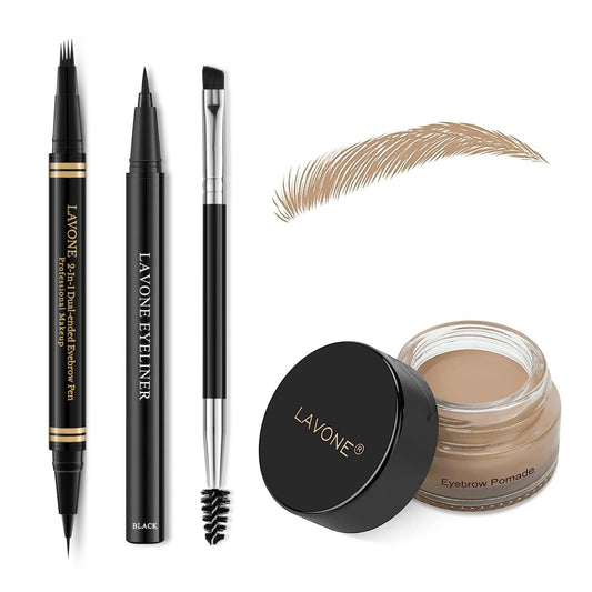 Eyebrow Makeup Kit - 4 Tip Waterproof Microblading Pencil, Eyeliner, Pomade, Dual-ended Brush, Natural Looking - Blonde