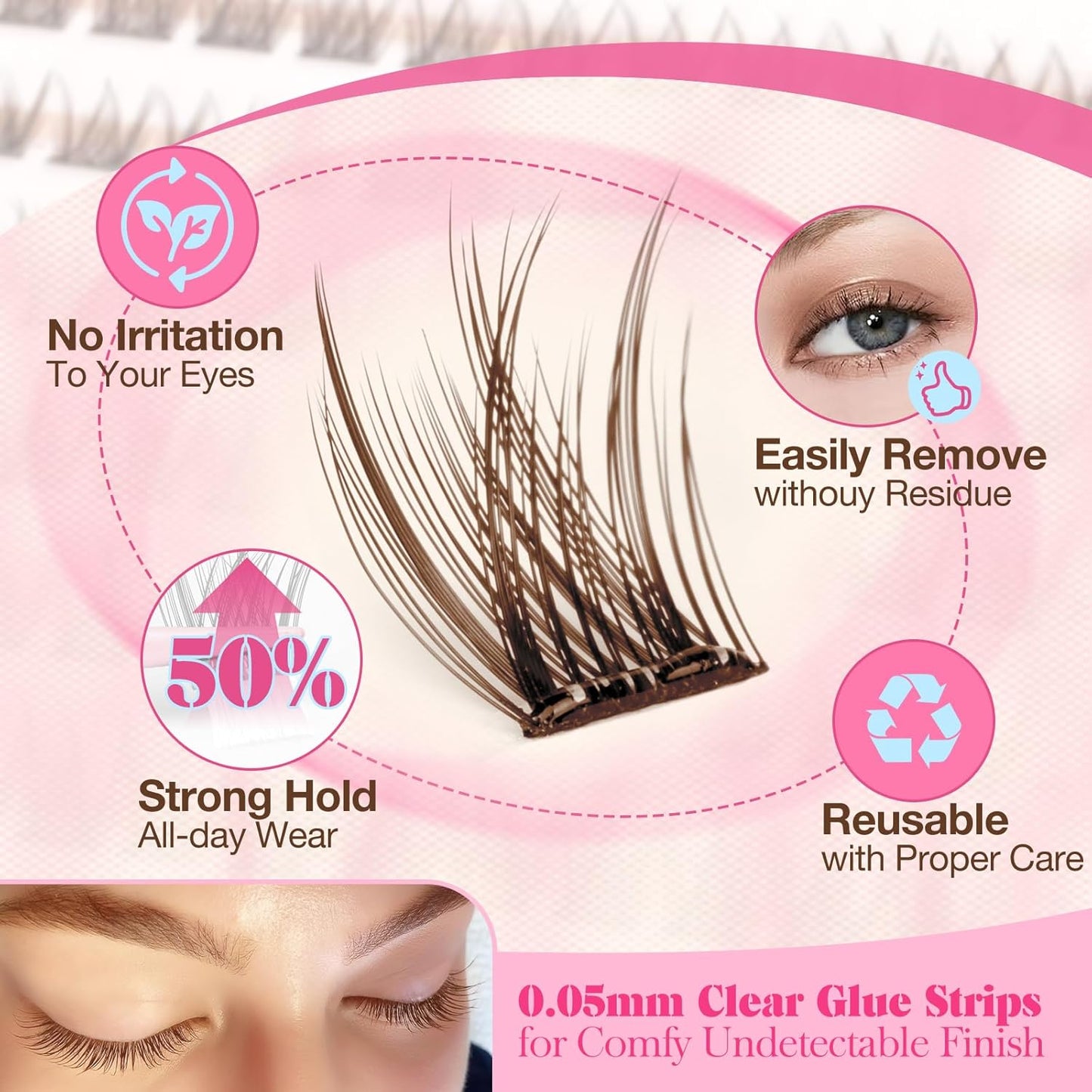 Yawamica Self Adhesive Eyelashes Brown Lash Clusters No Glue Needed Press on Lashes Reusable Pre-glued Eyelash Clusters 8-14mm Wispy Individual Lashes C Curl Cluster Lashes DIY Brown Lash Extension