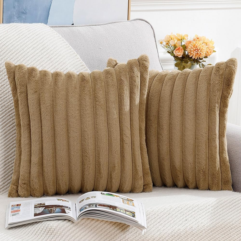 MADIZZ Set of 2 Faux Wool Plush Decorative Throw Pillow Covers 26x26 Inch Camel Fluffy Striped Soft Decorative Cushion Cover for Sofa Bedroom Pillow Shell