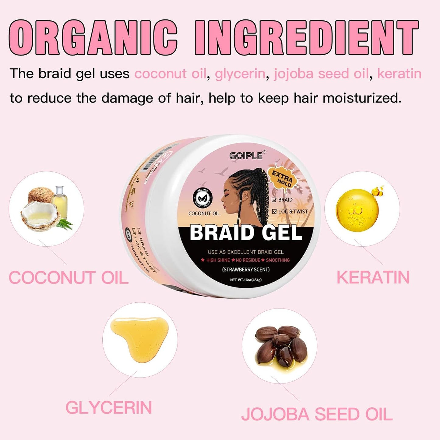 16oz Big Capacity Braid Gel Good for Twist, Locs, Braids, Edge No Flake Extra Hold High Shine Braiding Gel & Edge Control, Loc Gel Long Lasting for Locks, Cornrows Smooths & Tames Frizz