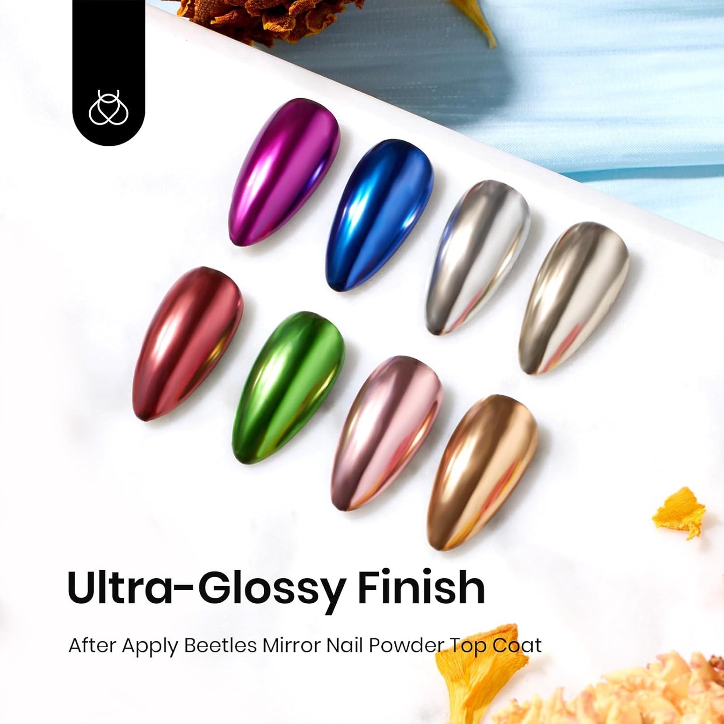 Beetles Chrome Top Coat Gel Nail Polish and Decoration Sealing Gel, 7.5ml*2PCS Chrome Nail Powder Shine Finish and Long Lasting, Soak Off LED U v Lamp Nail Art Design Diy at Home