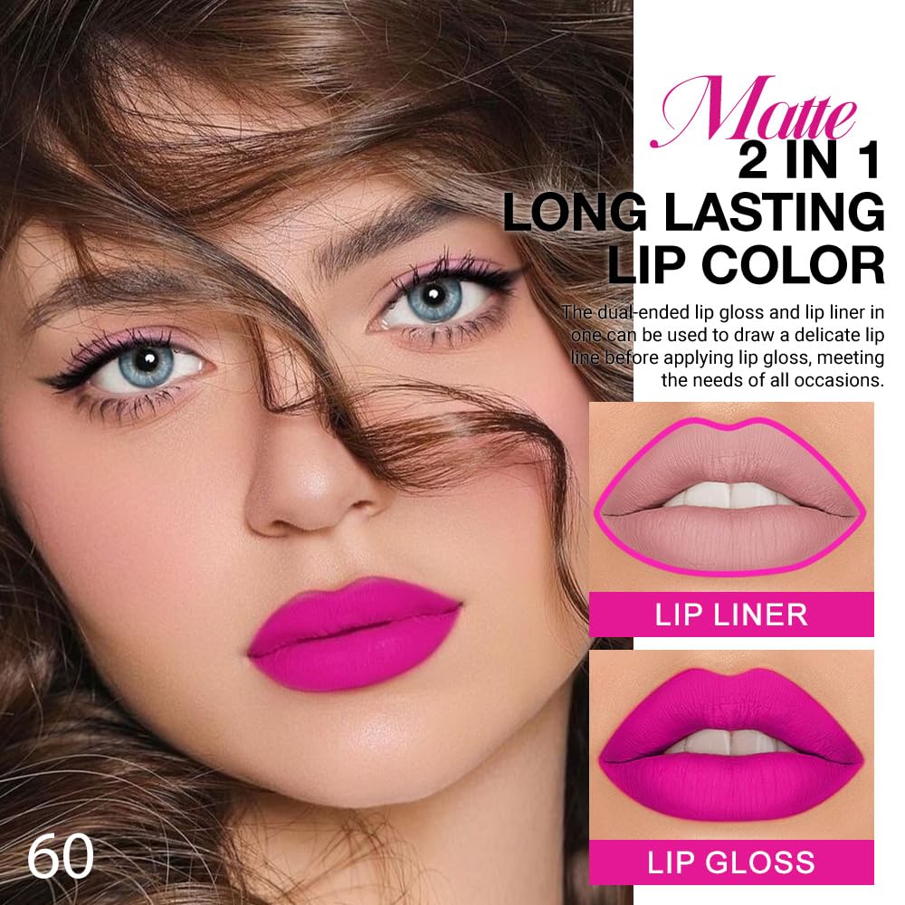 evpct 1Pcs Fuchsia Red Matte Lip Liner & Liquid Lipstick Stain Makeup Set for Women, Fuchsia Lip Liner Stain Long Lasting Waterproof Smudge Proof, Cruelty Free Lip Stick Makeup 24 hours originales, 60