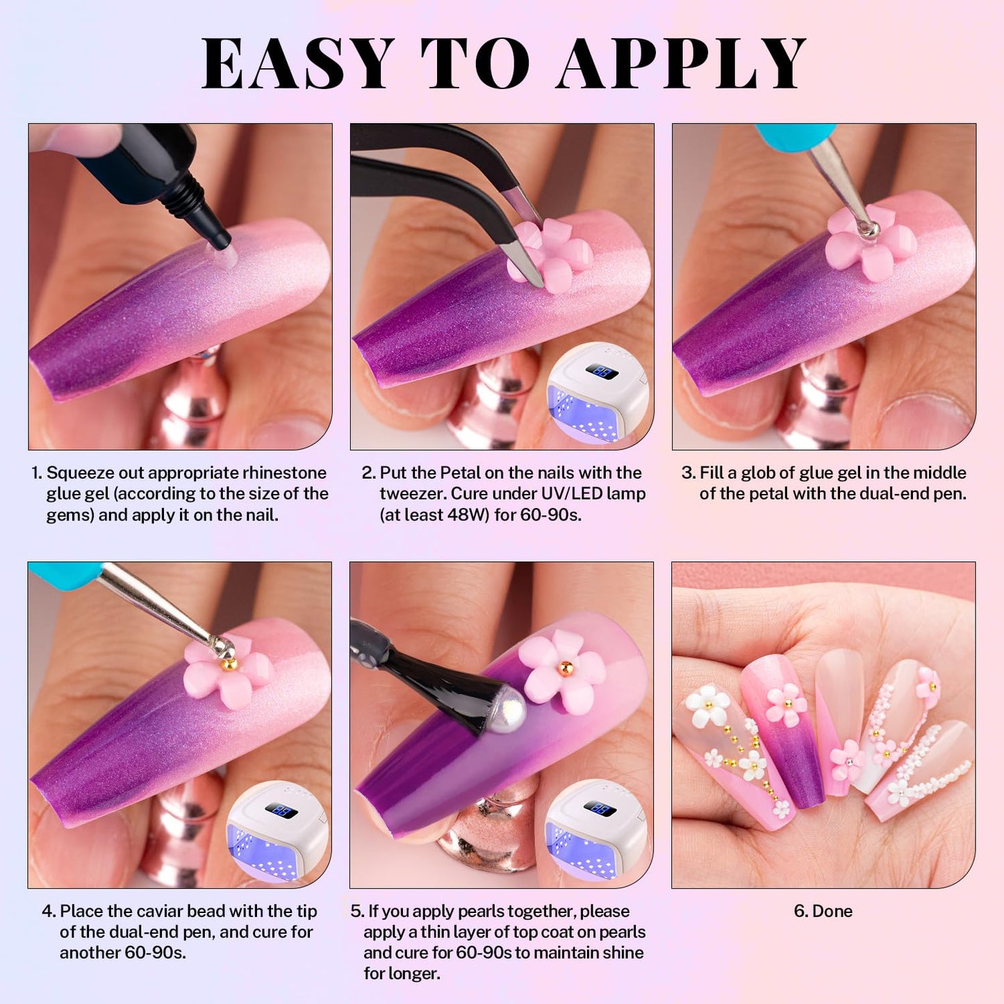 3D Nail Charms, Manicure Kit with Nail Rhinestone Glue Gel (UV Curing), Butterfly White Pink Flower Starry AB Gems Caviar Beads Half Round Pearl & Flatback Glass AB + Clear Gems with Dotting Tools