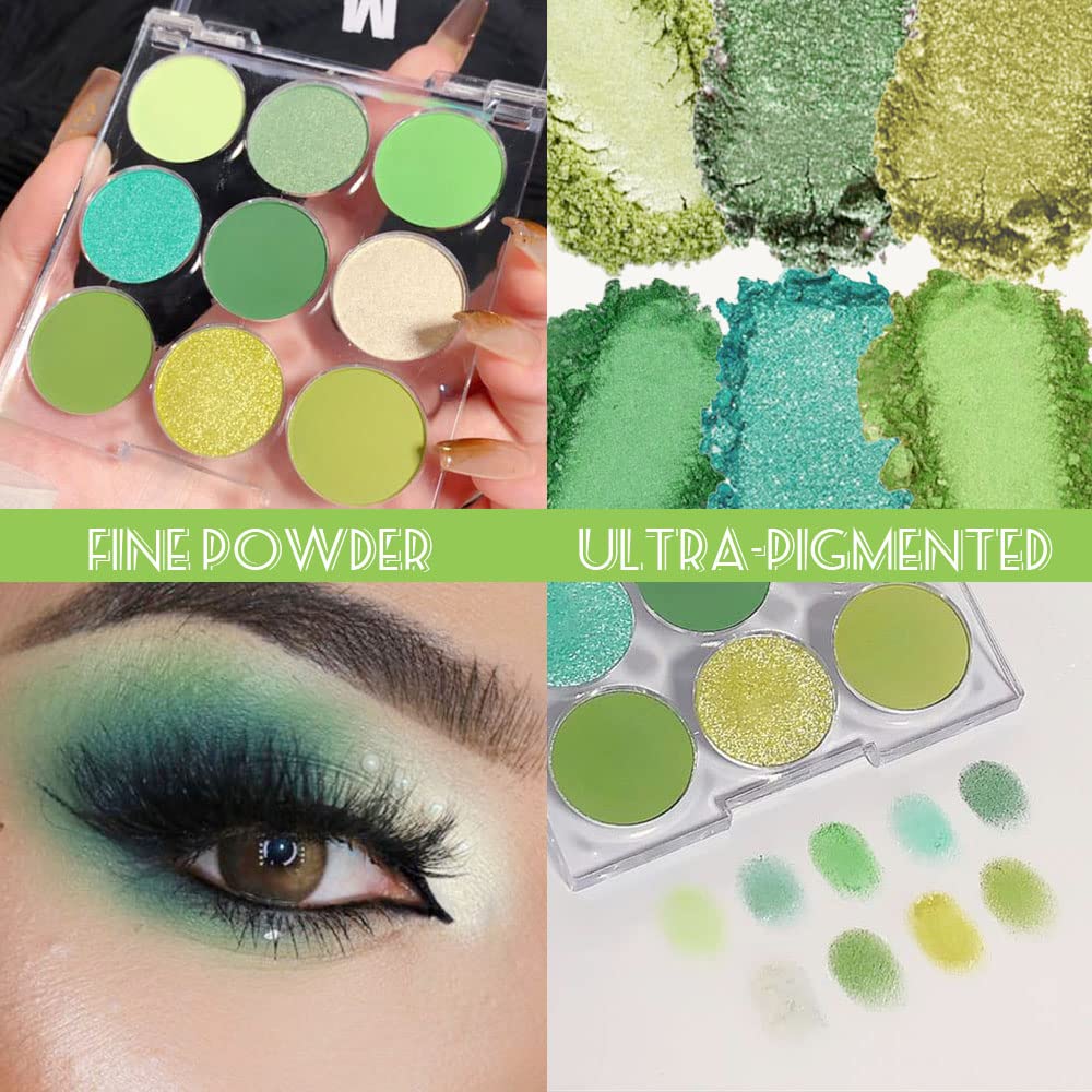9-Color Shimmer & Matte Green Eyeshadow Palette – Highly Pigmented Light & Dark Green Shades, Blendable Shiny & Matt Makeup Powder