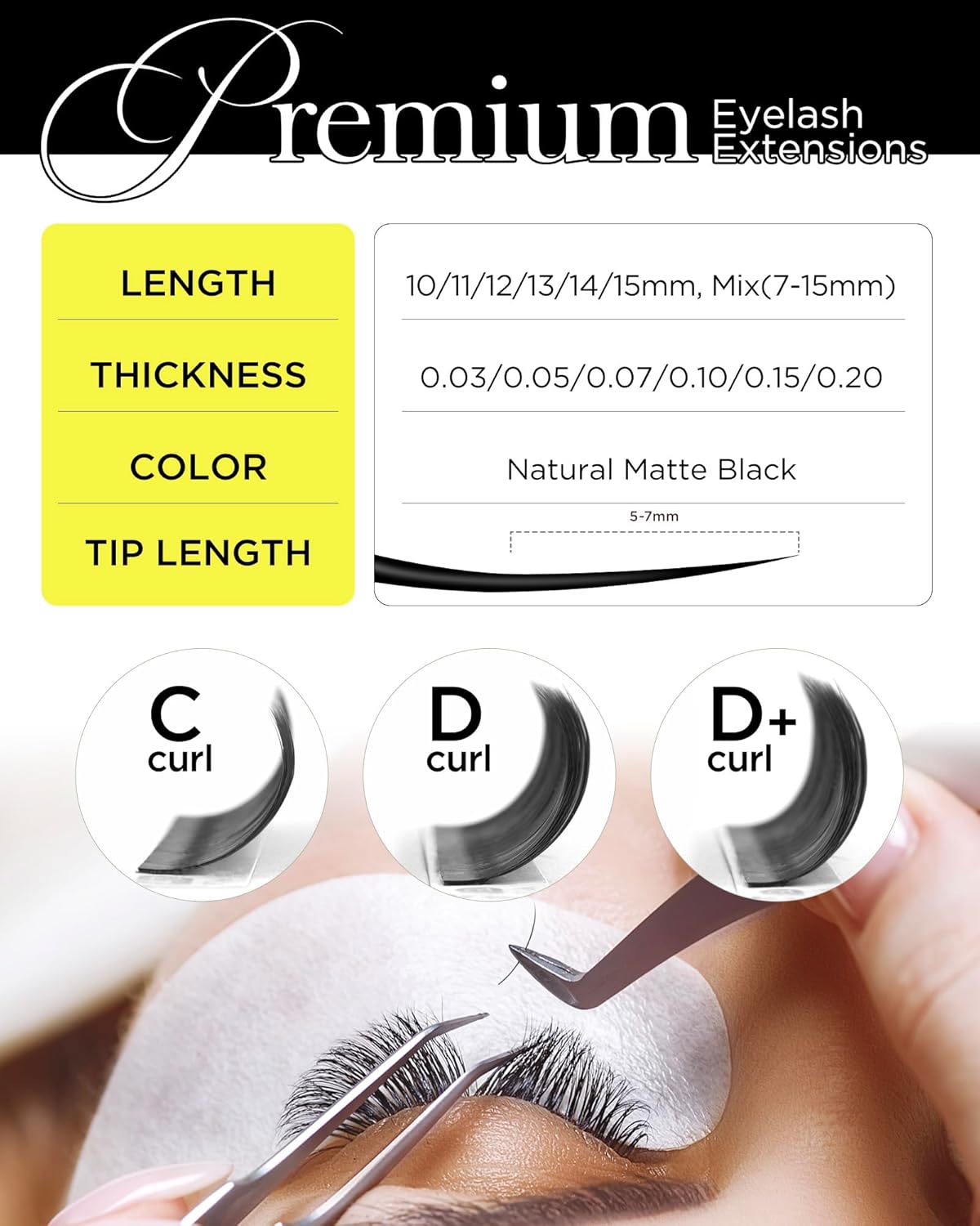 BEYELIAN Eyelash Extension 0.05 D+ Curl 15mm Tray Easy Fan Lash Extensions Volume Lashes 100°/212°F High Temperature Resistant Classic Professional Use Natural Matte Black (0.05 D+ 15mm)