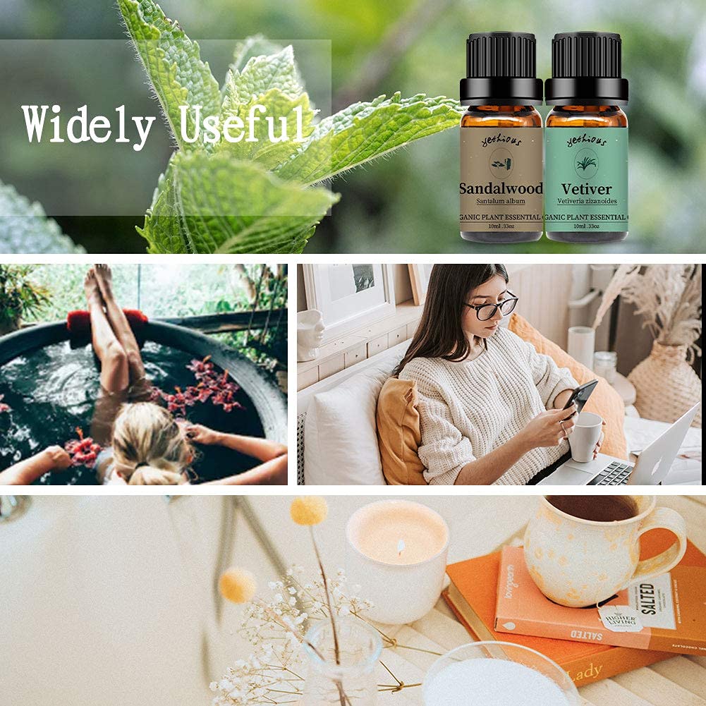 yethious Sandalwood Vetiver Essential Oil Set 100% Pure Organic Undiluted Aromatherapy Oils for Diffuser, Skin, Hair, Perfume, Soap, Candle Making 2 x 10ML