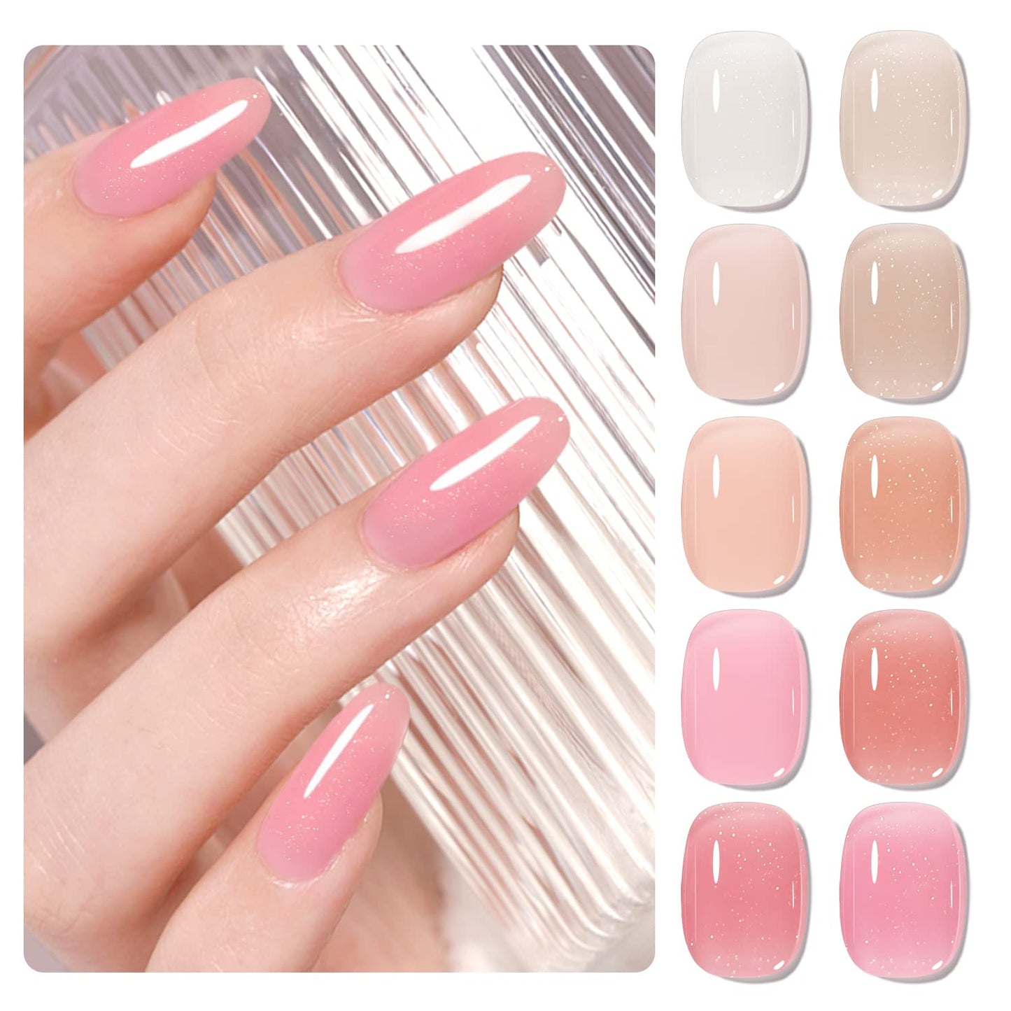 Jelly Shimmer Gel Nail Polish Set, 10 Colors Translucent Natural Milky White Pink Nail Polish Gel, UV/LED Soak Off Gel Nail Kit DIY Nail Art Salon Manicure Gifts for Women Girls.