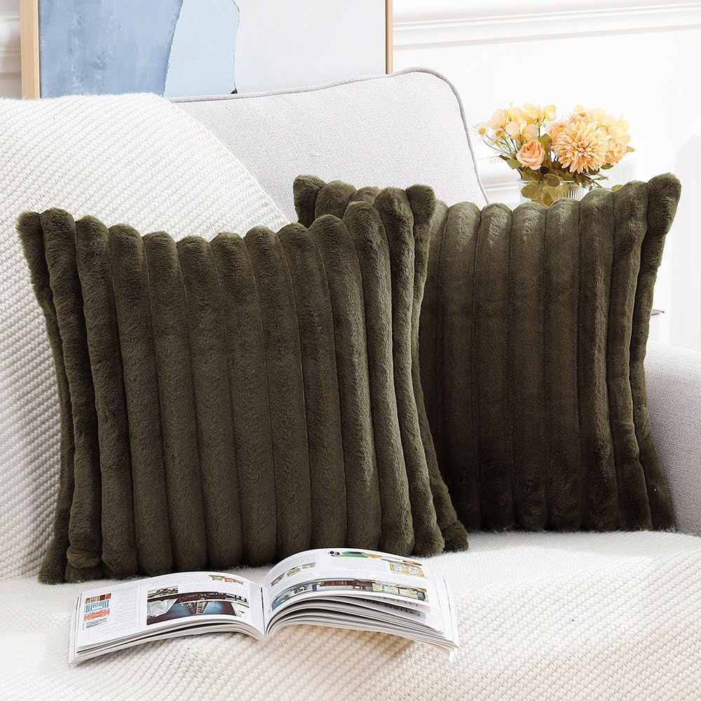 MADIZZ Set of 2 Faux Wool Plush Decorative Throw Pillow Covers 26x26 Inch Drak Brown Fluffy Striped Soft Decorative Cushion Cover for Sofa Bedroom Pillow Shell