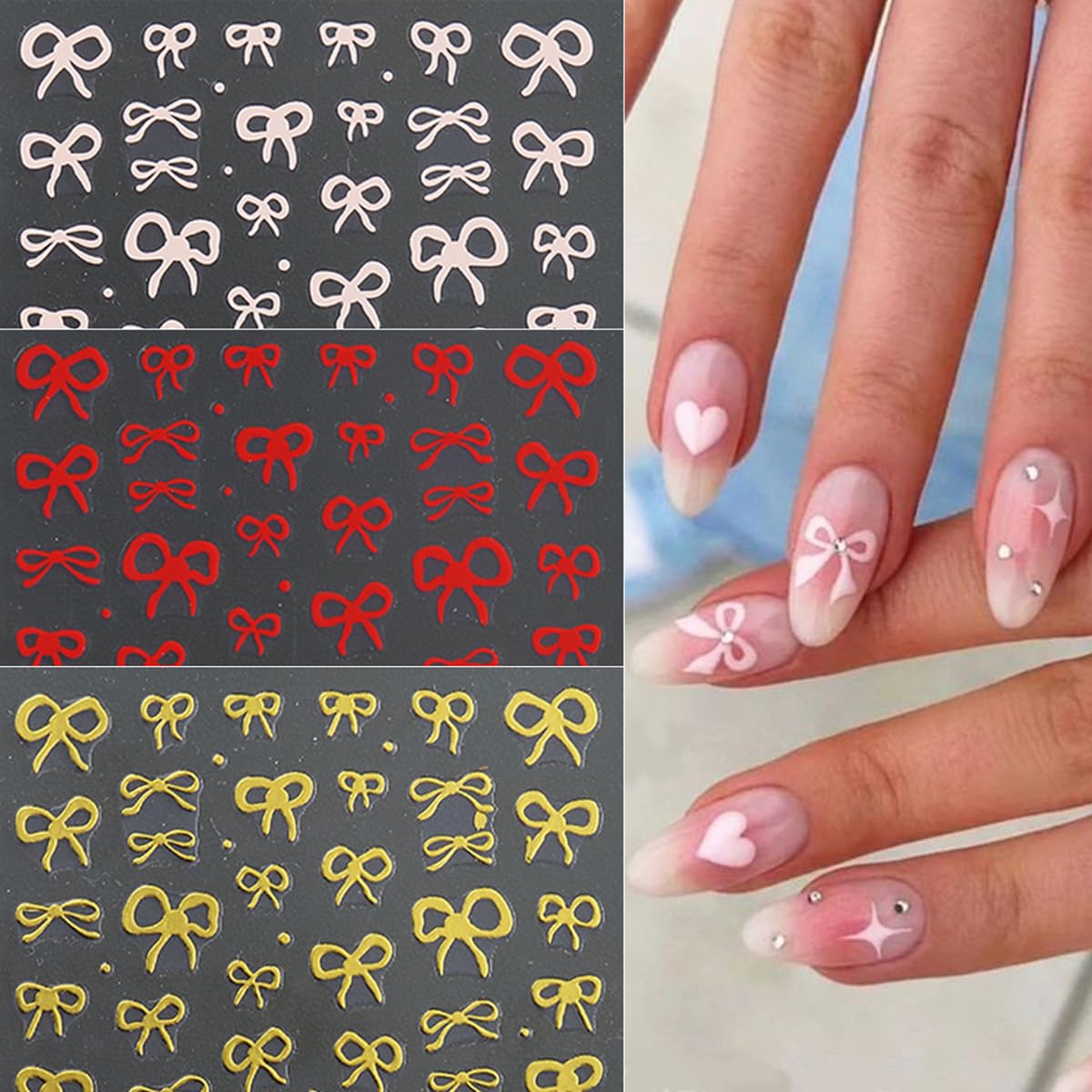 Bows Nail Stickers - Black & White Bow Knot Designs for Simple & Cute Valentines Nail Art - Pink, Red, Silver - 3D Self-Adhesive Stickers for Women - 6 Sheets