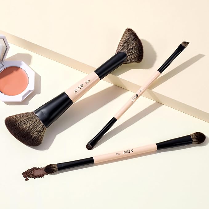 Jessup Travel Makeup Brushes Set 3pcs, Double Sided Contour Brush Dual Ended Eye Shadow Shader Eyeliner Brush, Multi-functional Makeup Set Peach Dust T507