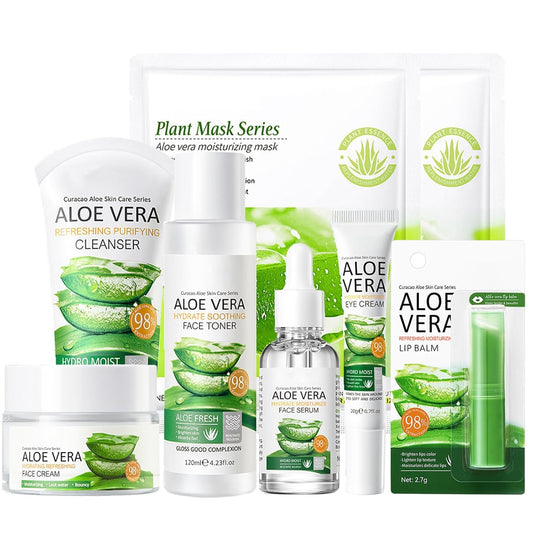 8Pcs Skin Care Products Set, Aloe Vera Skin Care Sets, Skin Care Gift Set for Women Girls, Skincare Routine Set, Face Care Kit with Cleanser, Mask, Toner, Serum, Lip Balm, Eye Cream, Moisturizer