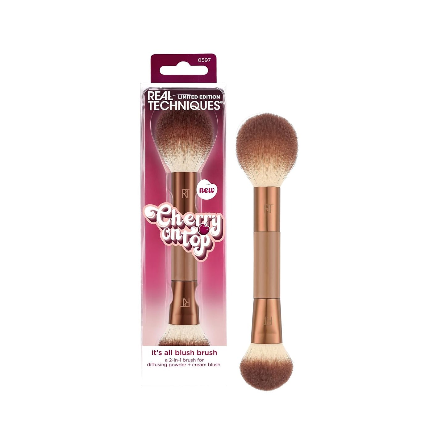 Real Techniques Cherry On Top It’s All Blush Brush, Dual-Ended & Multipurpose Makeup Brush for, Powder, Liquid & Cream Blush, Synthetic Bristles, Vegan & Cruelty-Free Face Brush, 1 Count