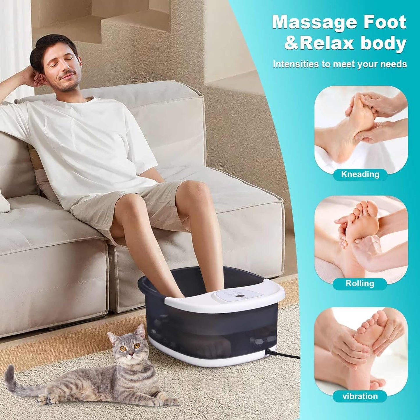 Foot Spa Bath Massager with Heat [2025 Upgraded], Vibration, Temperature Control, Jets, Bubbles, Epsom Salt, Feet Massager with 22 Massage Rollers, Foot Bath for Relaxation, Large, Grey