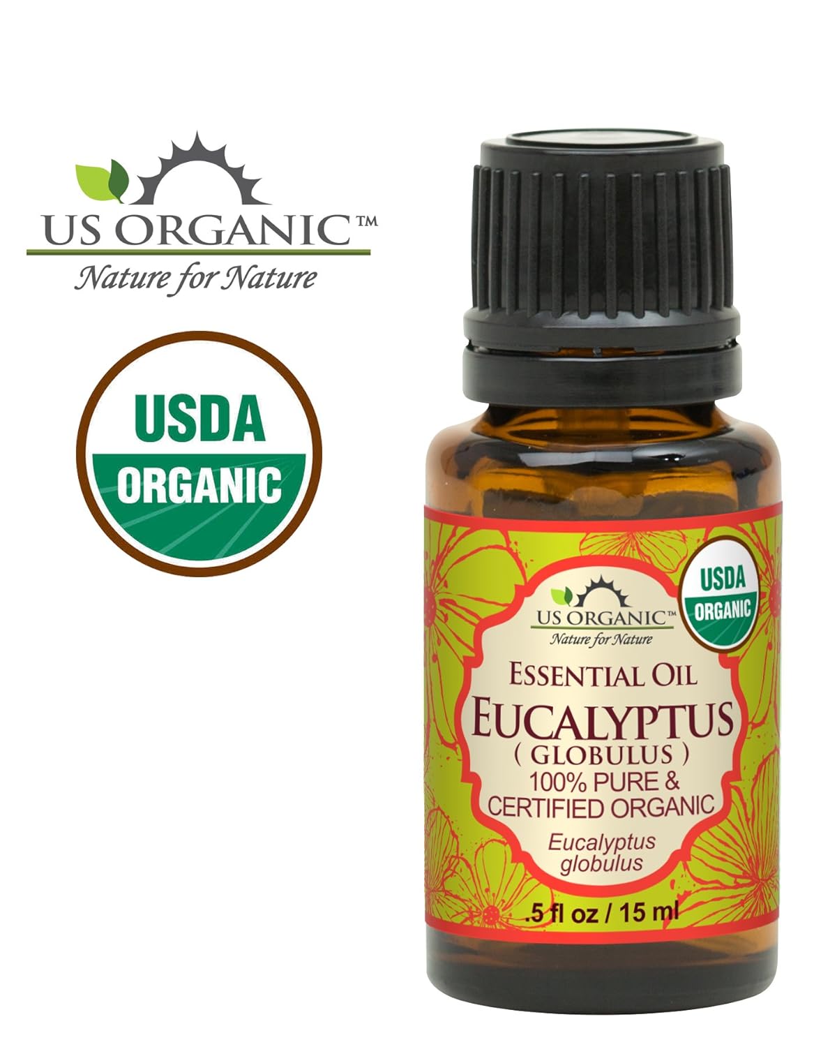 US Organic 100% Pure Eucalyptus Essential Oil (Globulus) - USDA Certified Organic, Steam Distilled - W/Euro droppers (More Size Variations Available) (15 ml / .5 fl oz)