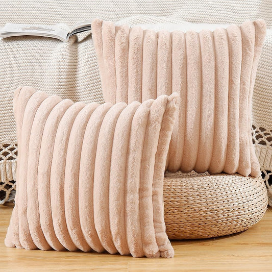 MADIZZ Set of 2 Faux Wool Plush Decorative Throw Pillow Covers 18x18 Inch Light Brown Fluffy Striped Soft Decorative Cushion Cover for Sofa Bedroom Pillow Shell